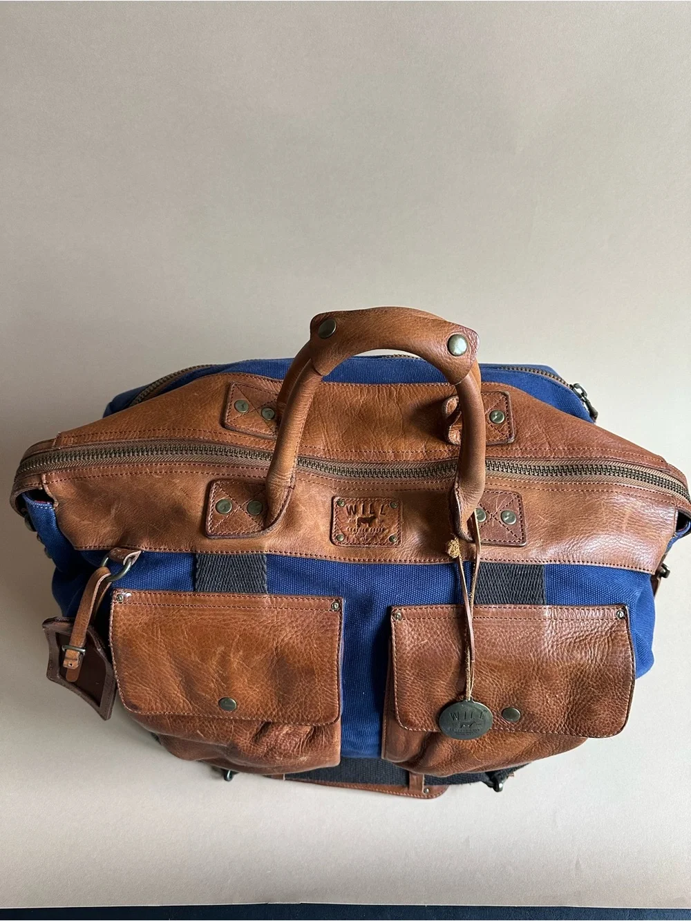 Will Leather Goods Blue Canvas Leather Duffel Bag Shoulder Strap Travel
